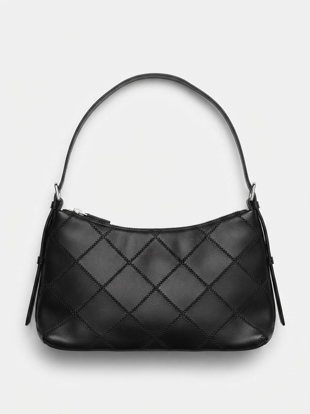 Forever 21 Black Quilted Shoulder Bag Diamond Stitch Zip Top Hobo Purse